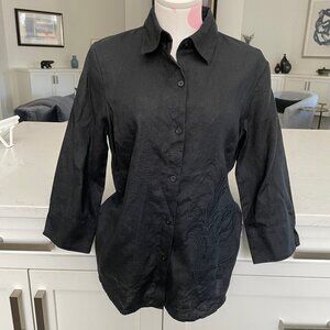 Nygard Collection 3/4 Slv Button Down 100% Linen Blouse w Embroidery Black Sz 8